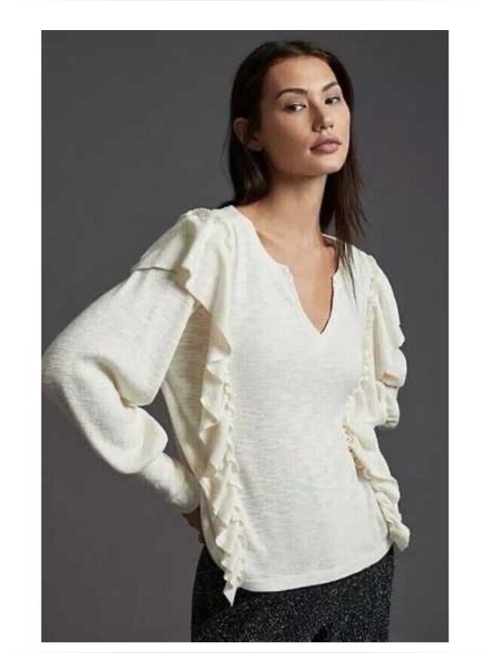 Pilcro Anthropologie Boho Cream Ruffle Notched V-Neck Ling Sleeve Size XL